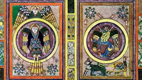 A 20th Century copy of the illuminated manuscript showing an ornately decorated page of the Book of Kells. There are winged figures and Celtic motifs.