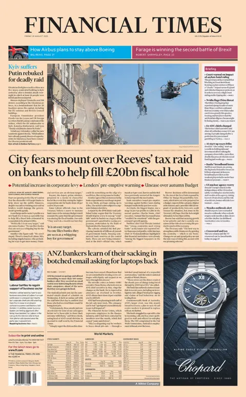 Financial Times front page with headline: "City fears mount over Reeves’ tax raid on banks to help fill £20bn fiscal hole".