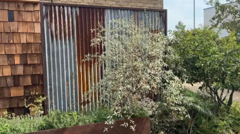Central Bedfordshire Council The garden is positioned alongside a building with contrasting wall finishes. One is made of timber shingles, with a panel of corrugated metal sheeting with prominent rust staining in the centre.