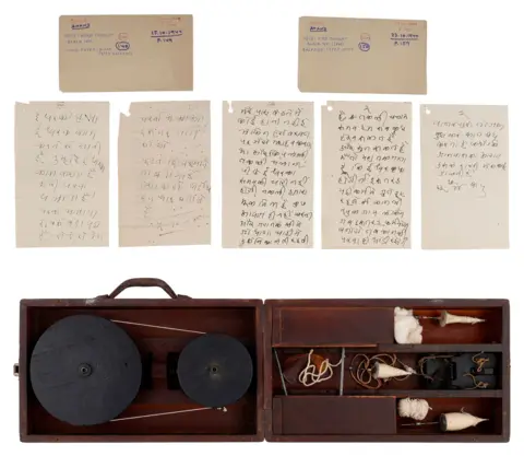 Saffronart Gandhi's portable spinning wheel and his letters about the spiritual discipline of spinning 
