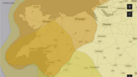 Met Office Aerial image of north Wales showing the scale of the amber weather warning. It stretches from the north down to Tywyn in the south.