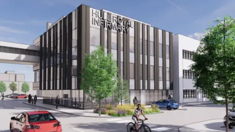 An artists impression of what the building will look like. It is a grey and black striped building with lots of windows spanning the width. It reads 'Hull Royal Infirmary'. There is both a tree and a patch of grass in front of it, and cars are driving past. There are also people walking about, and one man is cycling. 