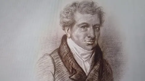 Southampton Cultural Services Image shows a portrait of Charles Day. It is in black and white. He is drawn wearing a high neck coat, and high neck white shirt. He is looking forward directly.
