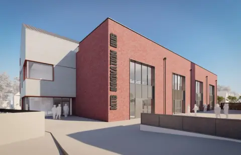 SOSE A computer generated image of how the mountain bike centre might look with a brick main building and white figures representing humans around it