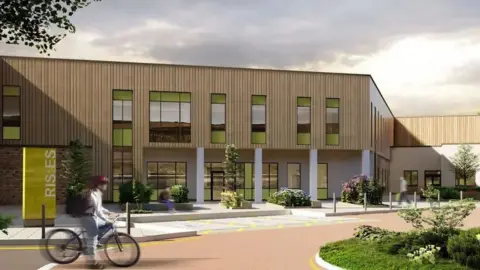 An artist's impression of what the hospital could look like. It is s two-storey building with light wooden cladding on the outside. There is a person in the foreground riding a bicycle. 