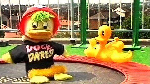 Edd the Duck on a trampoline