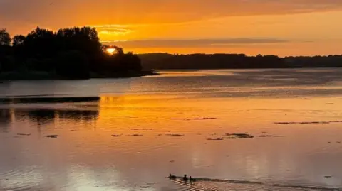 BBC Weather Watcher/LEH A sunset with the sun just disappearing to the left of the image behind some trees. The sky has a reddish-orange glow which is reflected in a lake in the foreground. Three small ducklings are just visible at the bottom of the photo