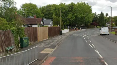 A road with fencing on one side and housing on the opposite side. A white van in parked on the pavement.