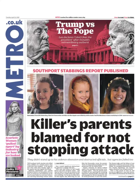 "Killer's parents blamed for not stopping attack," reads the headline on the front page of the Metro.
