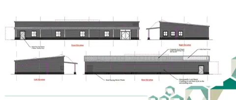 LDRS An architect's drawing of what the new gospel hall will look like. There are separate drawings of the four sides of the building. Each side has measurements and arrows pointing to different features.
