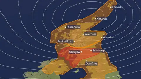 A map of Scotland showing the red and amber warning areas 