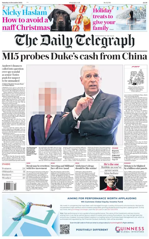 The Daily Telegraph's front page reports that money given to the duke by the alleged spy is being investigated by the security services. 