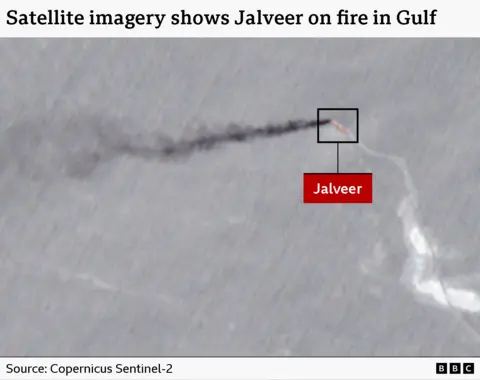 A satellite image showing Jalveer on fire