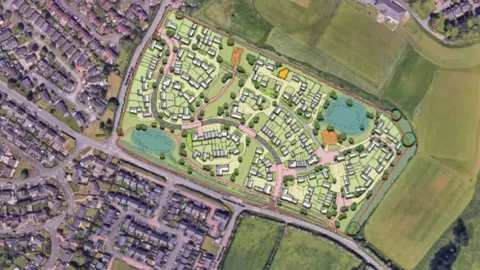 Cumberland Council An aerial plan of lots of new houses around a curving road. To the left of the image are dozens of existing housing 