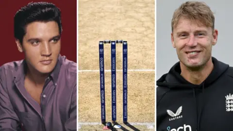 Graphic showing Elvis Presley, cricket stumps and Andrew Flintoff