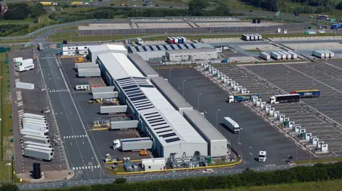 An aerial view of the Sevington Inland Border Facility and customs clearance centre, off the M20 in Kent
