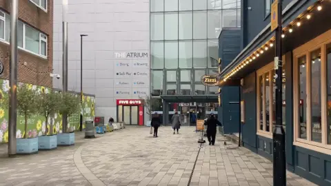 An external view of the Atrium shopping centre in Camberley.