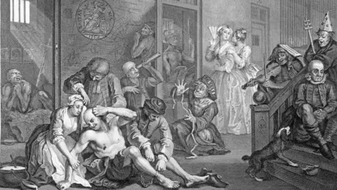 Getty Images A vintage illustration of patients in Bedlam hospital by satirist William Hogarth 1754