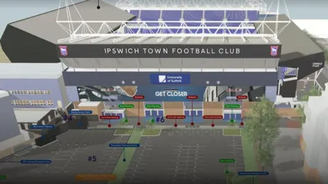 A CGI image impression showing the back of the Sir Alf Ramsey Stand at the Portman Road stadium in Ipswich, including an illustration of what a new car park will look like