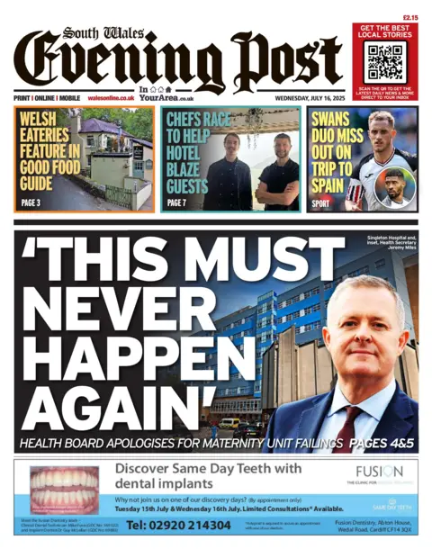 South Wales Evening Post Front page of South Wales Evening Post with headline "this must never happen again" about health board failings with a photo of Jeremy Miles. Above that are other headlines which read Welsh eateries feature in good food guide, Chef's race to help hotel blaze guests and Swans duo miss out on trip to Spain. 