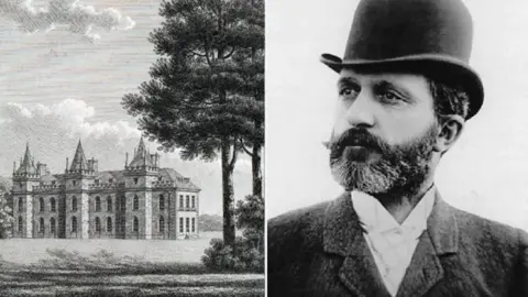 Denbighshire Historical Society/America Comes Alive Pictured left is Lleweni Hall, (variously spelt Llewenni/Lewenny), the seat of the Salsbury family. A stone built mansion redesigned over centuries between the Norman and Georgian eras. To the right is a photograph of a bearded Nate Salsbury, who placed so much stock by his Welsh lineage, wearing a suit, cravat and bowler hat