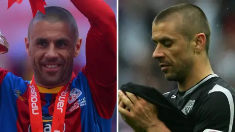 Kevin Phillips lifting the play-off final trophy in 2013 (left) and lifting his shirt up in disappointment with West Brom in 2007
