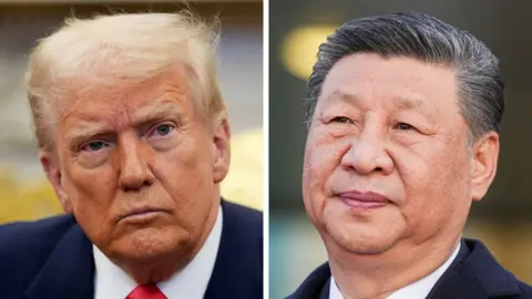 A composite image shows headshots of Donald Trump on the left and Xi Jinping on the right.