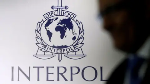 A white wall with the Interpol symbol - a globe with a sword in the middle with two justice scales on either side - and INTERPOL written in blue letters underneath. To the right is a blurred silhouette of a person wearing a suit, tie and glasses. 