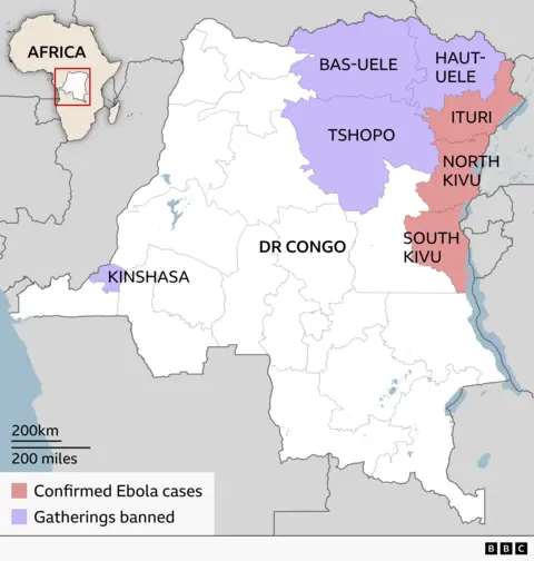 Map of the Democratic Republic of Congo showing provinces affected by Ebola-related restrictions. Confirmed Ebola cases are marked in pink in Ituri, North Kivu and South Kivu provinces in the east of the country. Provinces where public gatherings were recently banned are shaded purple, including Bas-Uele, Haut-Uele, Tshopo and Kinshasa. 