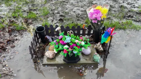 A small gravestone, surrounded by a short black fence, with flowers and stones on top of it and a large puddle all around.