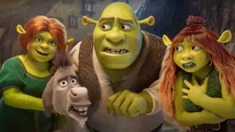 Shrek promotional image featuring the characters of Princess Fiona, Donkey, Shrek and new character Felicia