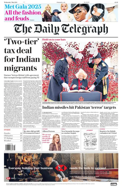 The front page of The Daily Telegraph reads: "'Two-tier' tax deal for Indian migrants"  