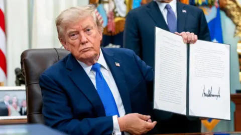 Trump, wearing a blue suit and sitting at desk in the Oval Office, holding up a signed executive order