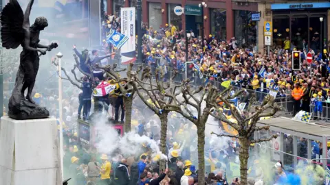 Crowds of Leeds United fans in the city centre
