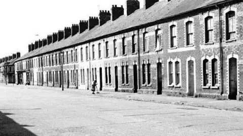John Briggs from his illustrated book ‘Before the Deluge’ A Coronation Street-style view showing the Victorian terraced houses on Portmanmoor Road. The only person who can be seen is a woman sweeping the pavement outside her house