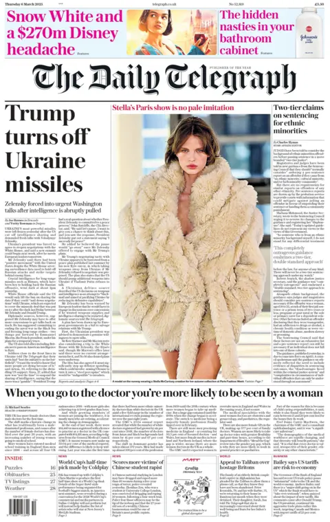 El titular en la página principal del Daily Telegraph dice: "Trump apaga los misiles de Ucrania."