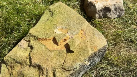 Anna Lamb A sandstone block which is chipped and has been damaged. It is on some grass. 