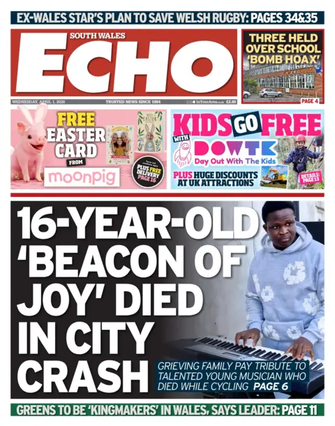 South Wales Echo Front page of the South Wales Echo. The headline reads '16-year-old 'beacon of joy' died in city crash'.
