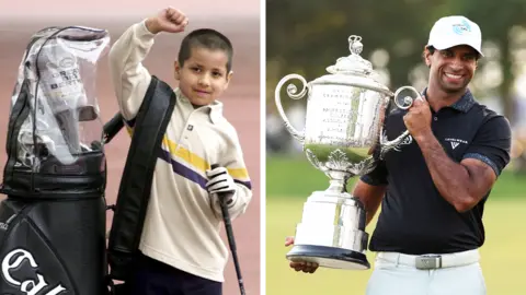 Aaron Rai with golf clubs as a child (L) and as an adult (L) holding the The Wanamaker Trophy and smiling wearing a black t-shirt and a white cap