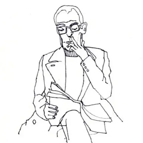 Johnny Vegas A minimalist line drawing of a person seated, wearing a structured blazer over a top. The figure is holding a newspaper in one hand while the other hand rests near the face.