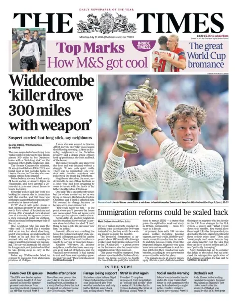 "Widdecombe 'killer drove 300 miles with weapon'," reads the headline on the front page of the Times.