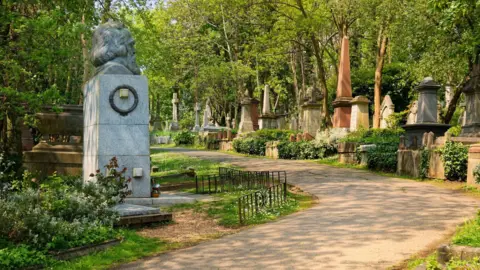 Getty Images A winding path lined by graves, including a large memorial to Karl Marx 