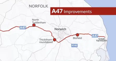 A white map showing the planned improvements to the A47. It shows an outline of Norfolk with a red line showing the road, labelled A47 and going past North Tuddenham, Norwich, Blofield to the coast and Great Yarmouth.