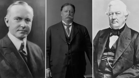 Getty Images Three portraits of men side by side. On the left is Calvin Coolidge. He has a neutral expression on his face, he is wearing a suit, shirt and tie, he is looking towards the camera but his face is to the right. Standing in the middle is William Howard Taft – a large man wearing a black suit and waistcoat, with short hair and a handlebar mustache. On the right is Millard Filmore. He's wearing a dinner suit and bow tie, you can tell he has an angry expression on his face, he's looking at the camera but looking to the left. 