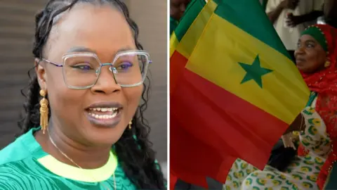 Split screen image with a woman in glasses and another woman holding a Senegal flag.