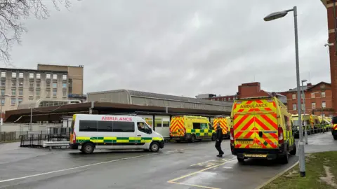 BBC Ambulances waiting outside Leicester Royal Infirmary's emergency department during a previous critical incident