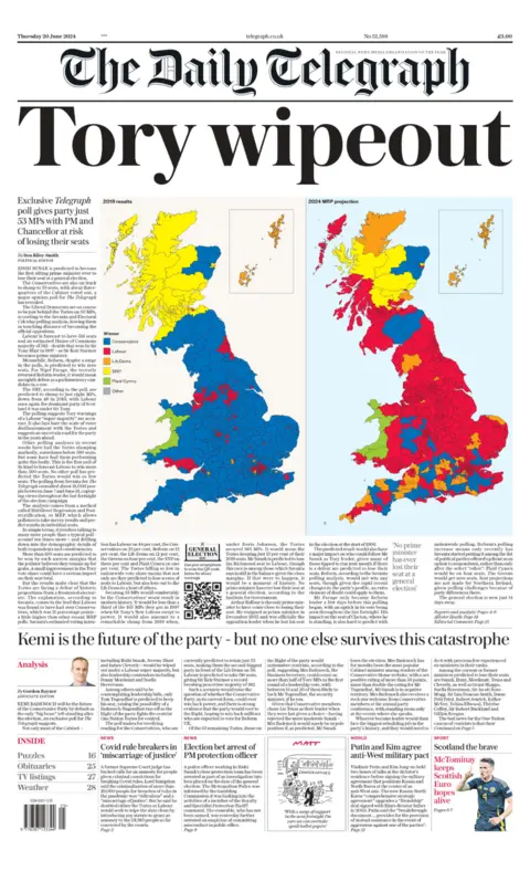 Daily Telegraph The front page of the Daily Telegraph, whose headline reads "Tory wipeout"