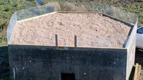 RSPB Loch of Strathbeg A bird's eye view of the roof of a pillbox covered in sand-like shingle.