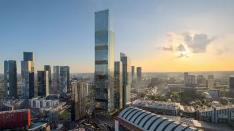 An artist's impression of the skyscraper, surrounded by smaller towers, with a yellow sunset in the background