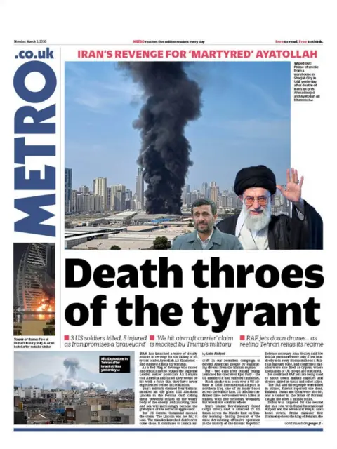 The headline on the front page of the Metro reads: “Death throes of the tyrant”.
